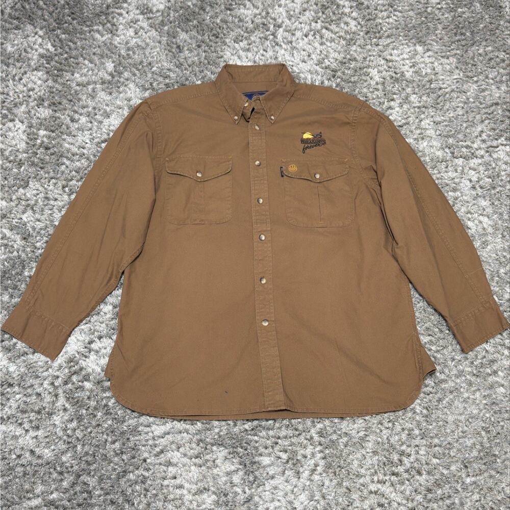 Beretta Pheasants Forever Logo Shirt L Brown Long Sleeve Button Front Hunting